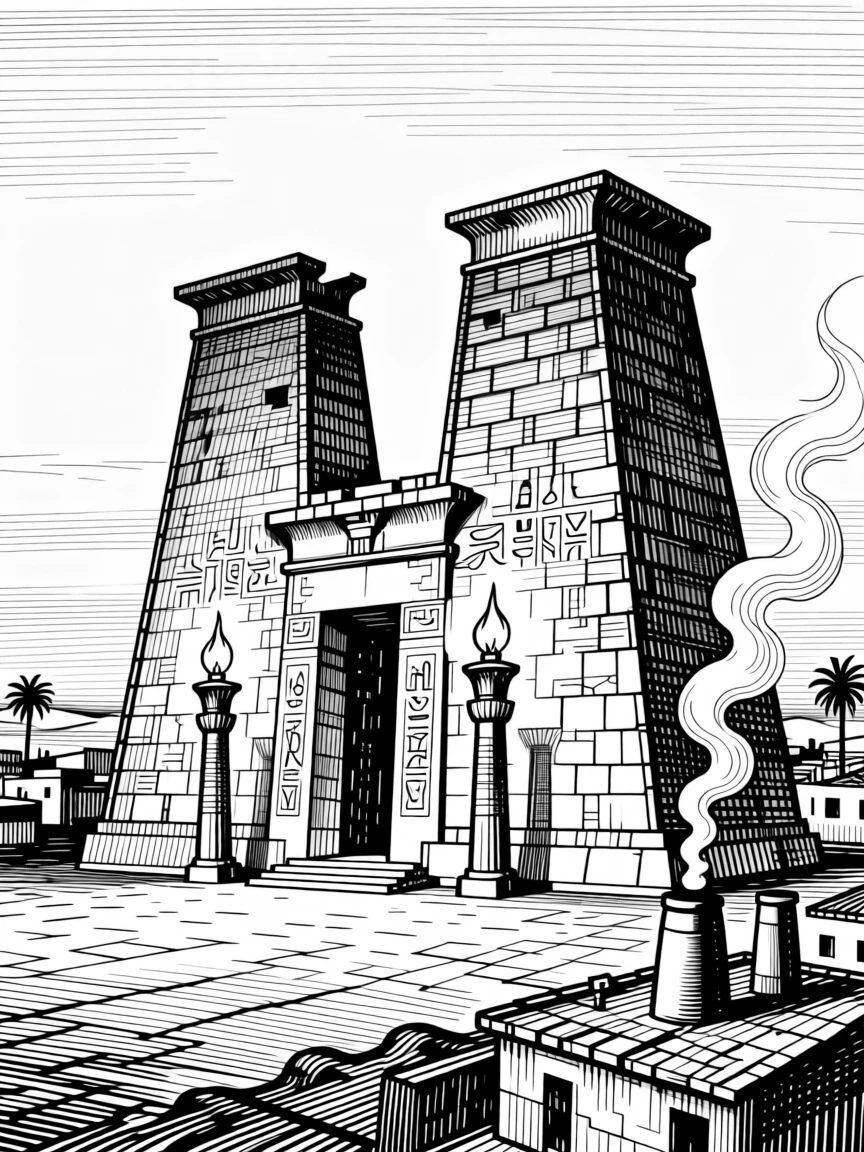 An Egyptian temple lit by torches at dusk as smoke rises gently from nearby chimneys, with the quiet dignity of long-held tradition, portrayed in an epic and majestic historical scene.