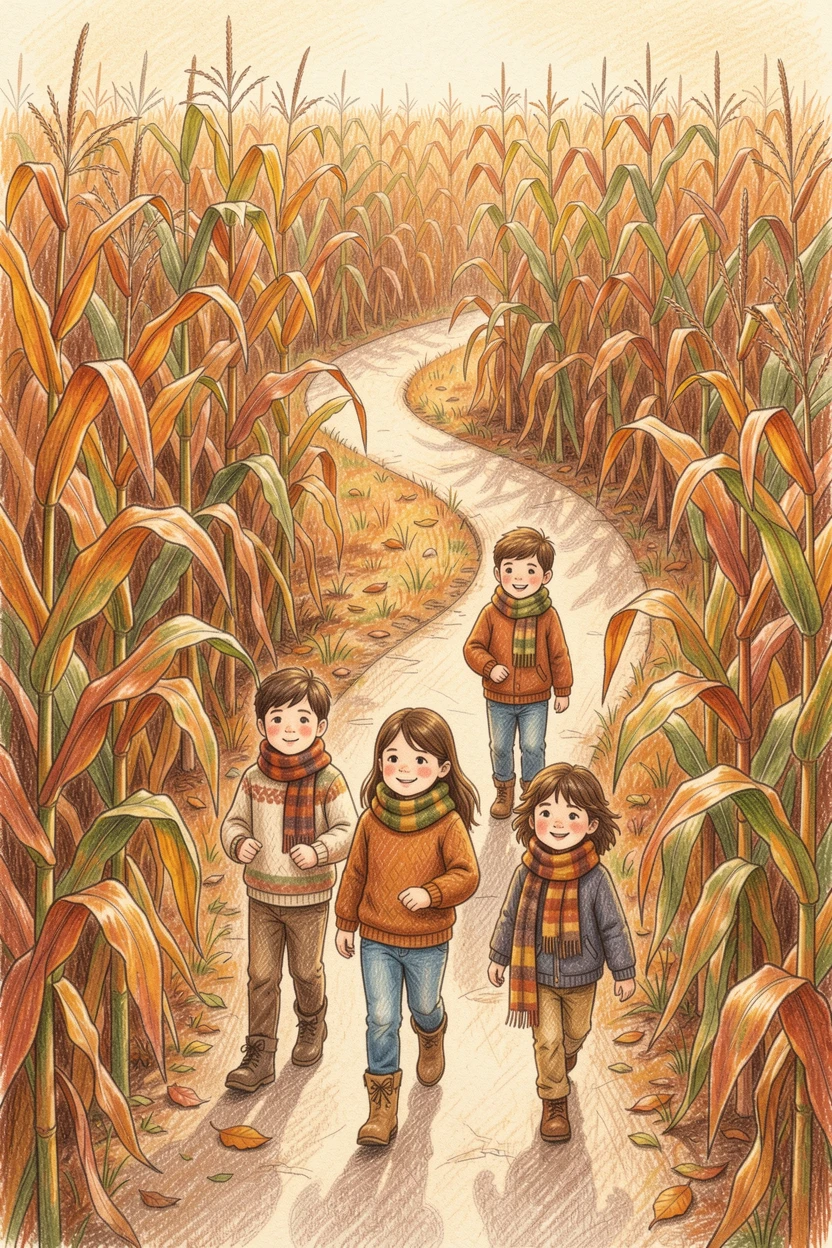 An autumn corn maze with children exploring winding paths, captured in a quiet, intimate moment full of atmosphere, celebrating a moment people would love to revisit.