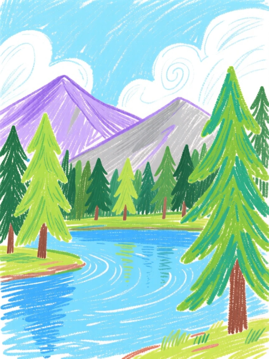 A tranquil lake surrounded by pine forest and distant mountains.