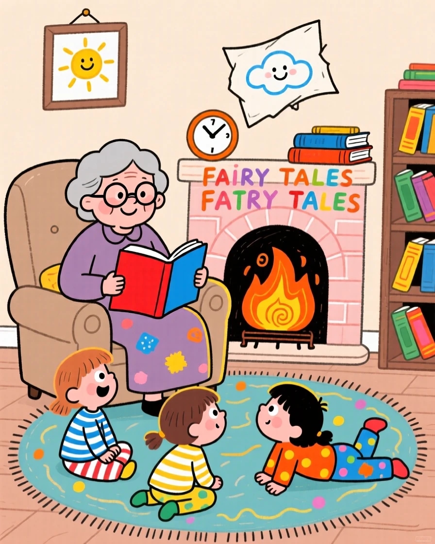 A grandmother reading a storybook to her grandchildren by the fireplace.