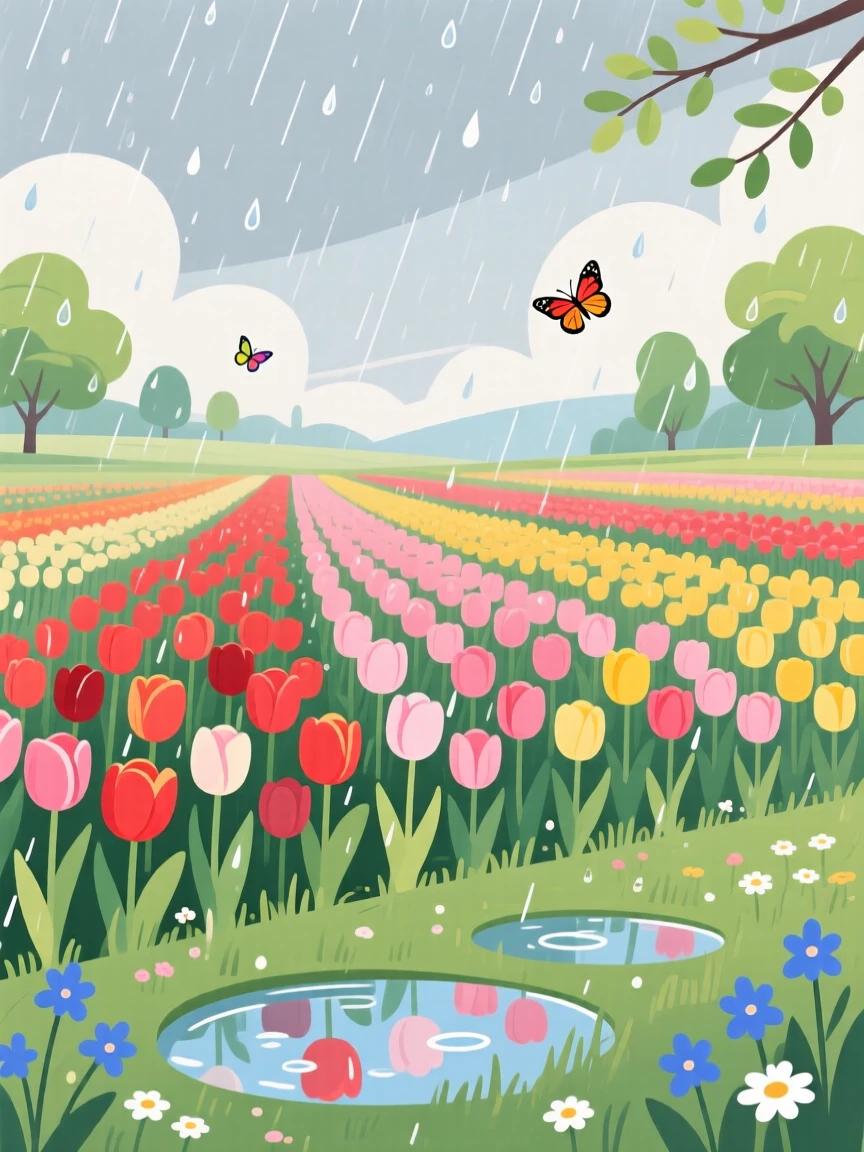 A gentle spring rain shower falling on blooming tulip fields, surrounded by the colors typical of the season, arranged with seasonal colors creating a cohesive mood, with charming small details that evoke the season perfectly.