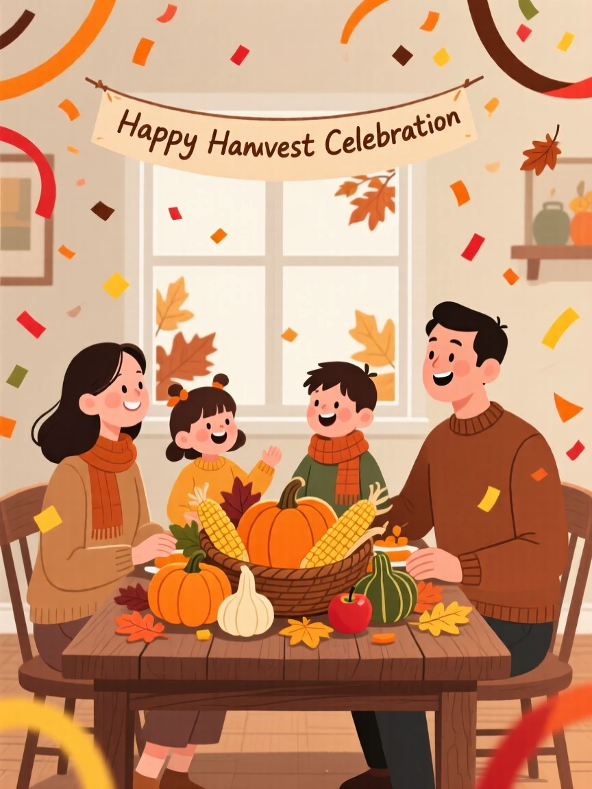 A harvest celebration with confetti and streamers filling a family home.