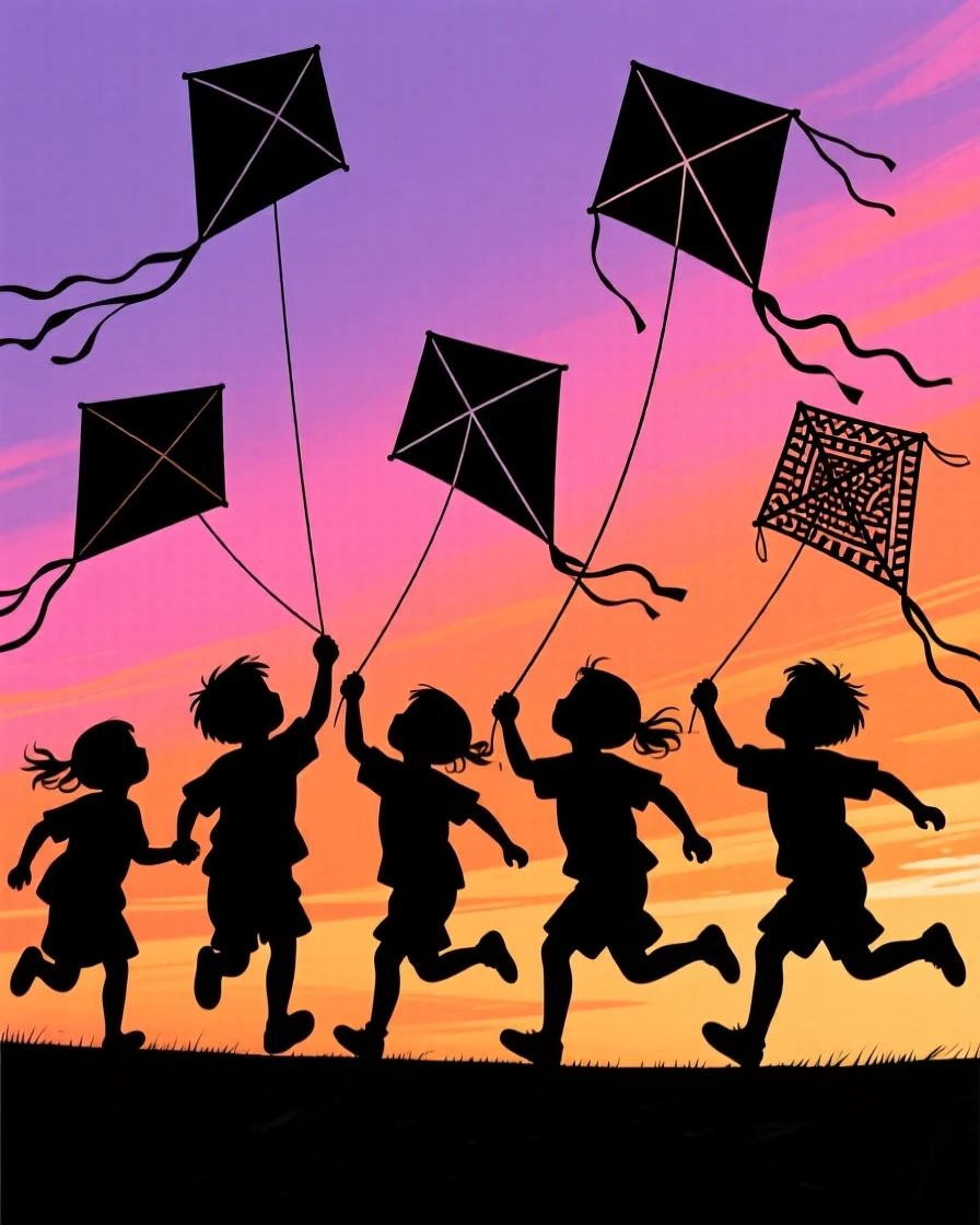 A group of children flying kites together during a festival celebration.