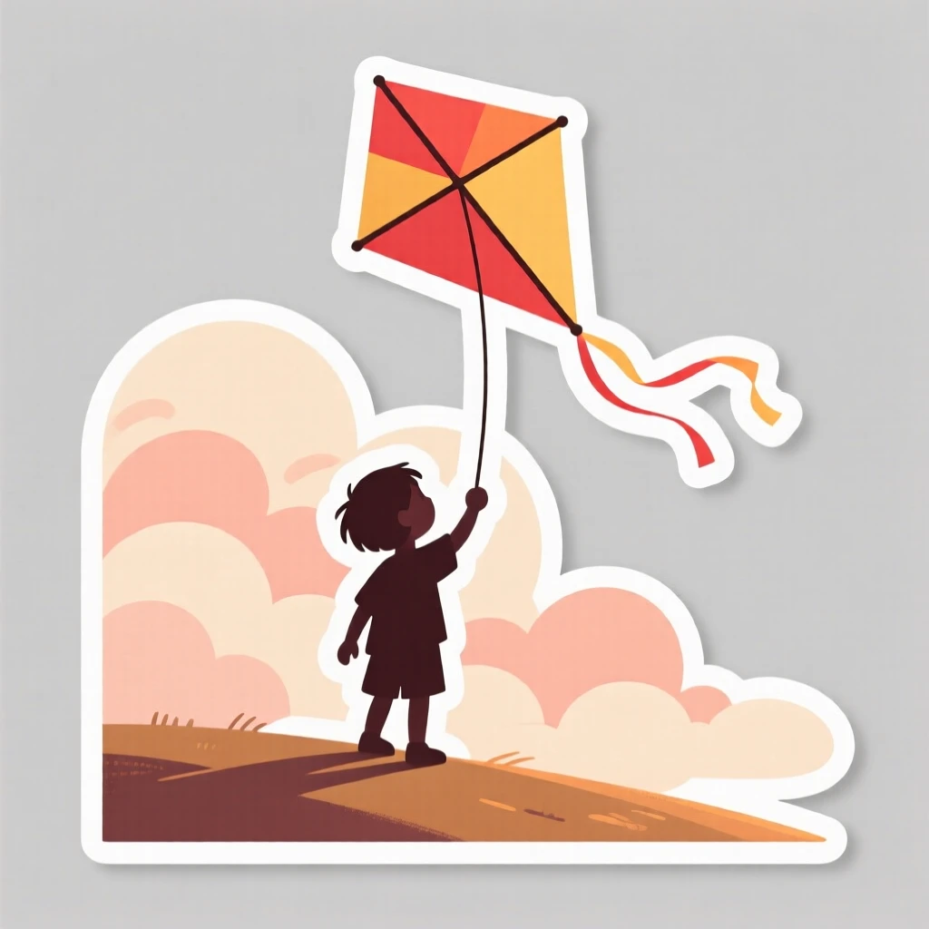 A warmly encouraging scene of a child flying a kite that soars above the clouds, radiating a quiet sense of possibility, capturing a moment of pure hope.