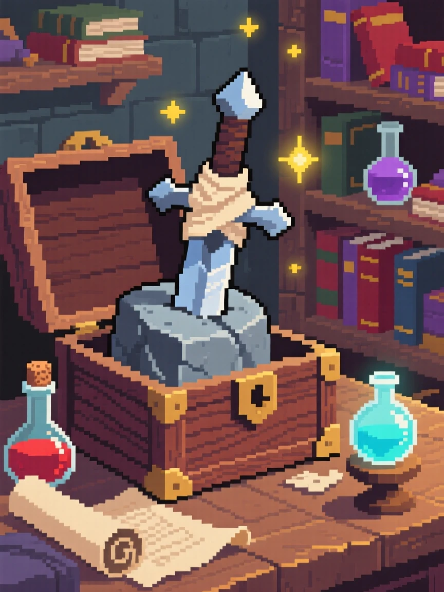 An enchanted sword stuck in stone wrapped in a cloth inside a wooden box, inside a wizard's cluttered study.