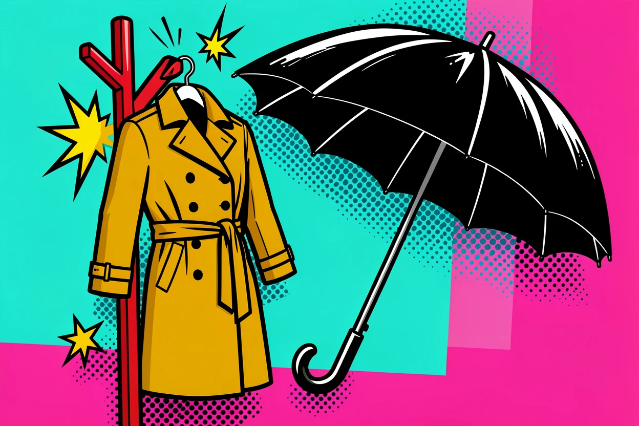 A tailored trench coat hanging beside an umbrella