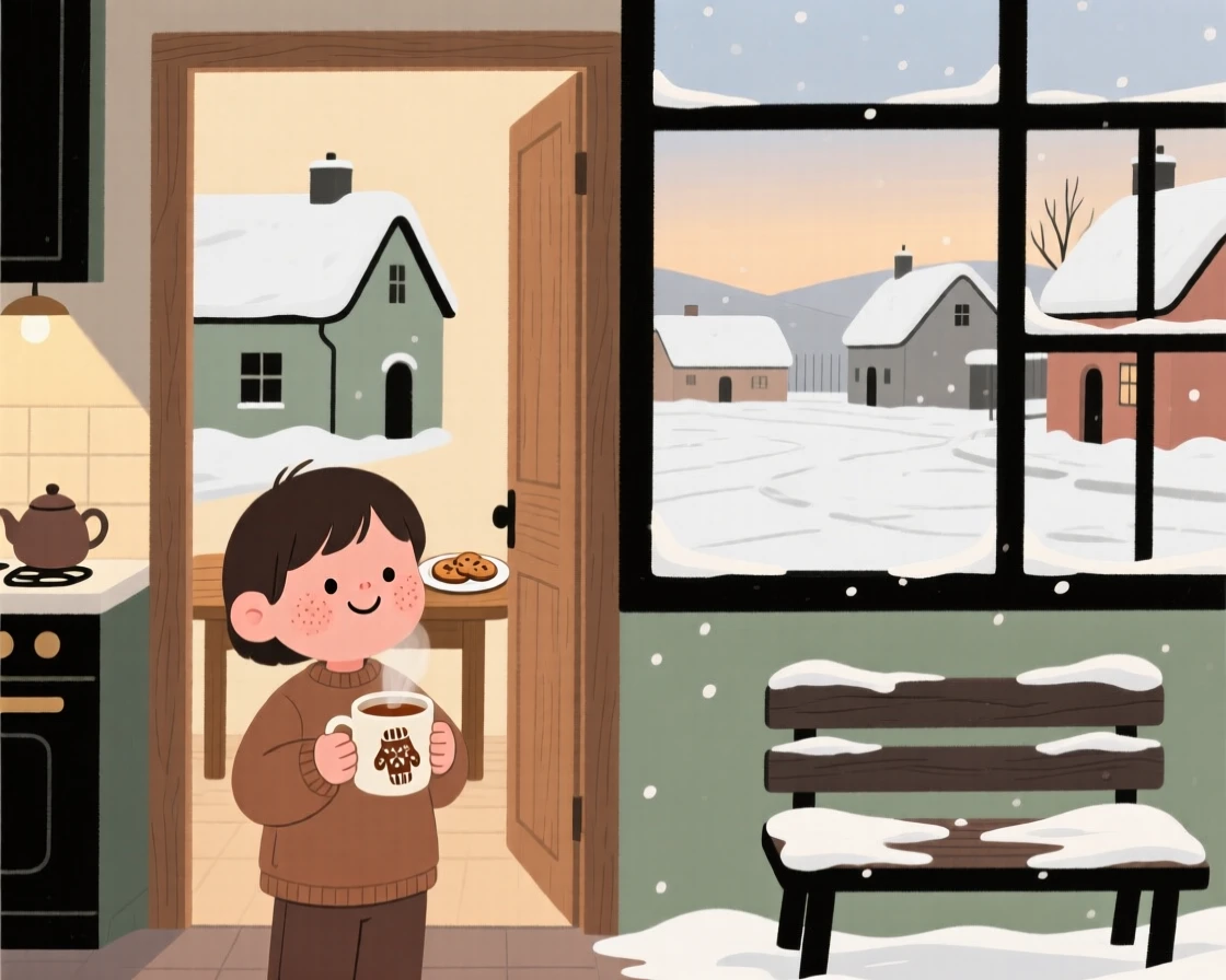 Snow blankets a quiet village square while a child watches from a warm kitchen doorway, a mug of warm tea warming their hands.