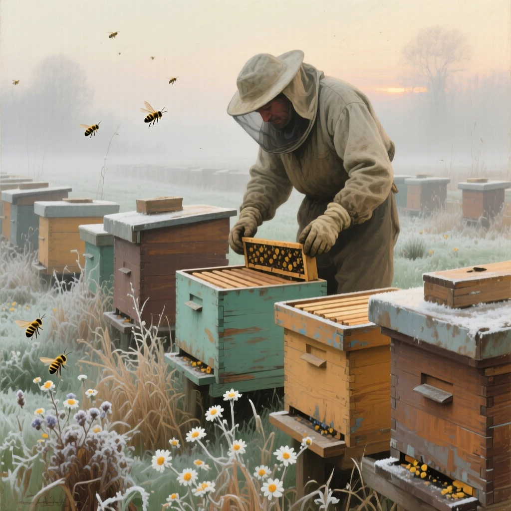 A tightly framed close-up of a beekeeper tending rows of wooden hives in a flowering meadow, in the quiet stillness of midwinter, in a light morning mist.