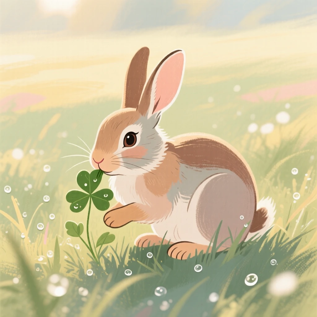 A rabbit nibbling clover in a dew-covered meadow