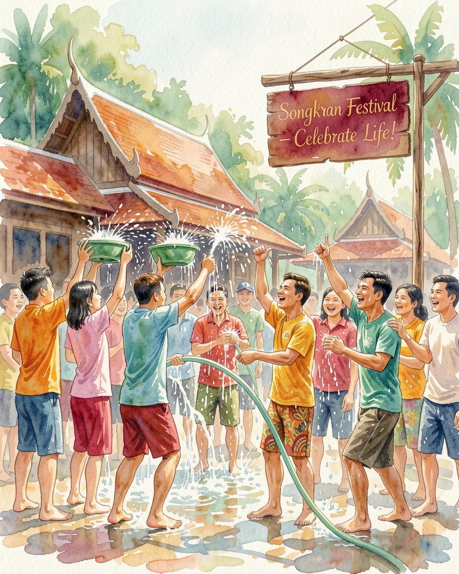 A traditional Thai water festival with joyful splashing.