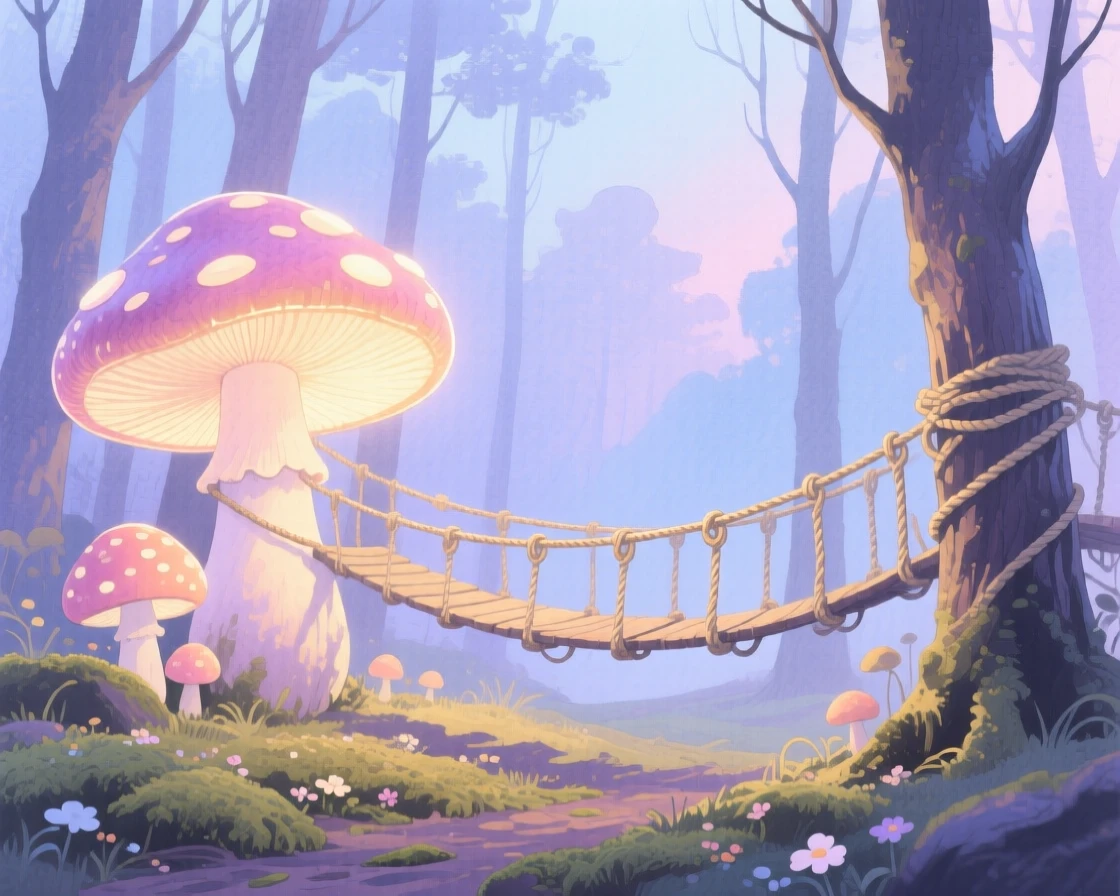 A dreamlike scene of a glowing mushroom forest, connected by delicate rope bridges, inviting quiet wonder and imagination