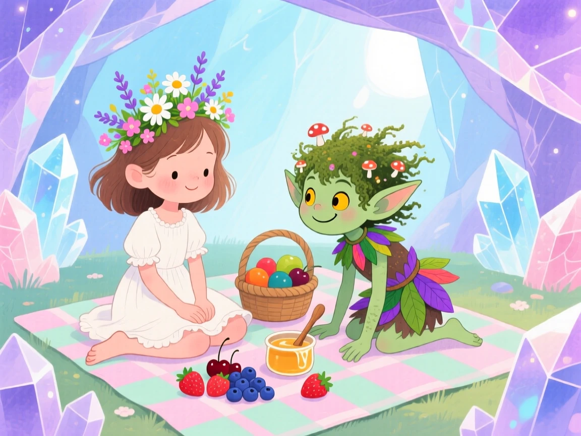 A barefoot girl with flowers in her hair sharing a picnic with a mischievous forest sprite inside a glowing crystal cave.