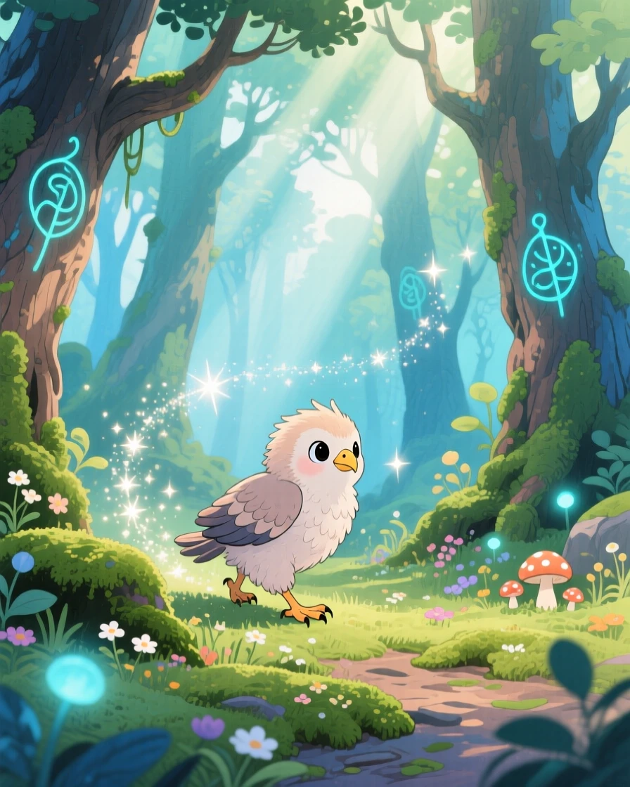 A curious baby griffin leaving a trail of sparkling stardust as it moves, in an ancient magical grove, filled with a sense of peaceful mysticism.