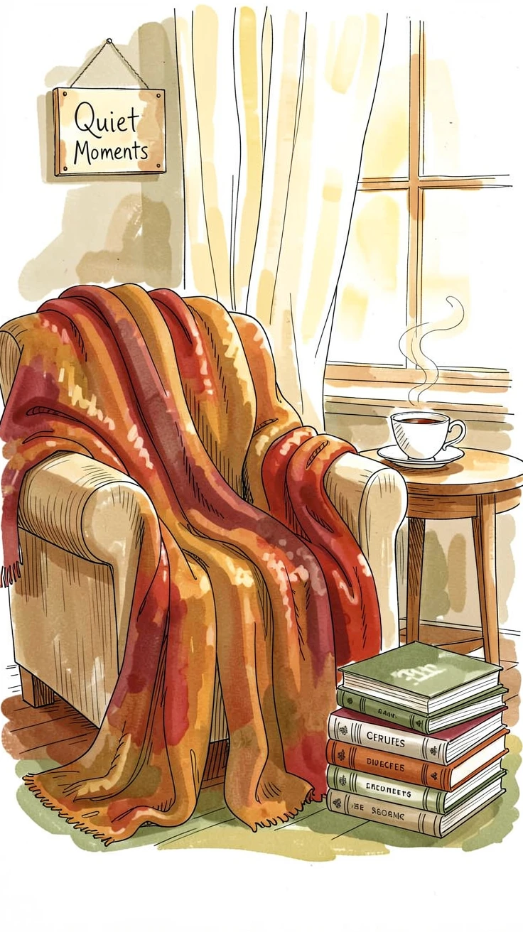 A cozy autumn reading nook with a blanket, tea, and a pile of books, a nostalgic, comforting atmosphere settling over the scene.