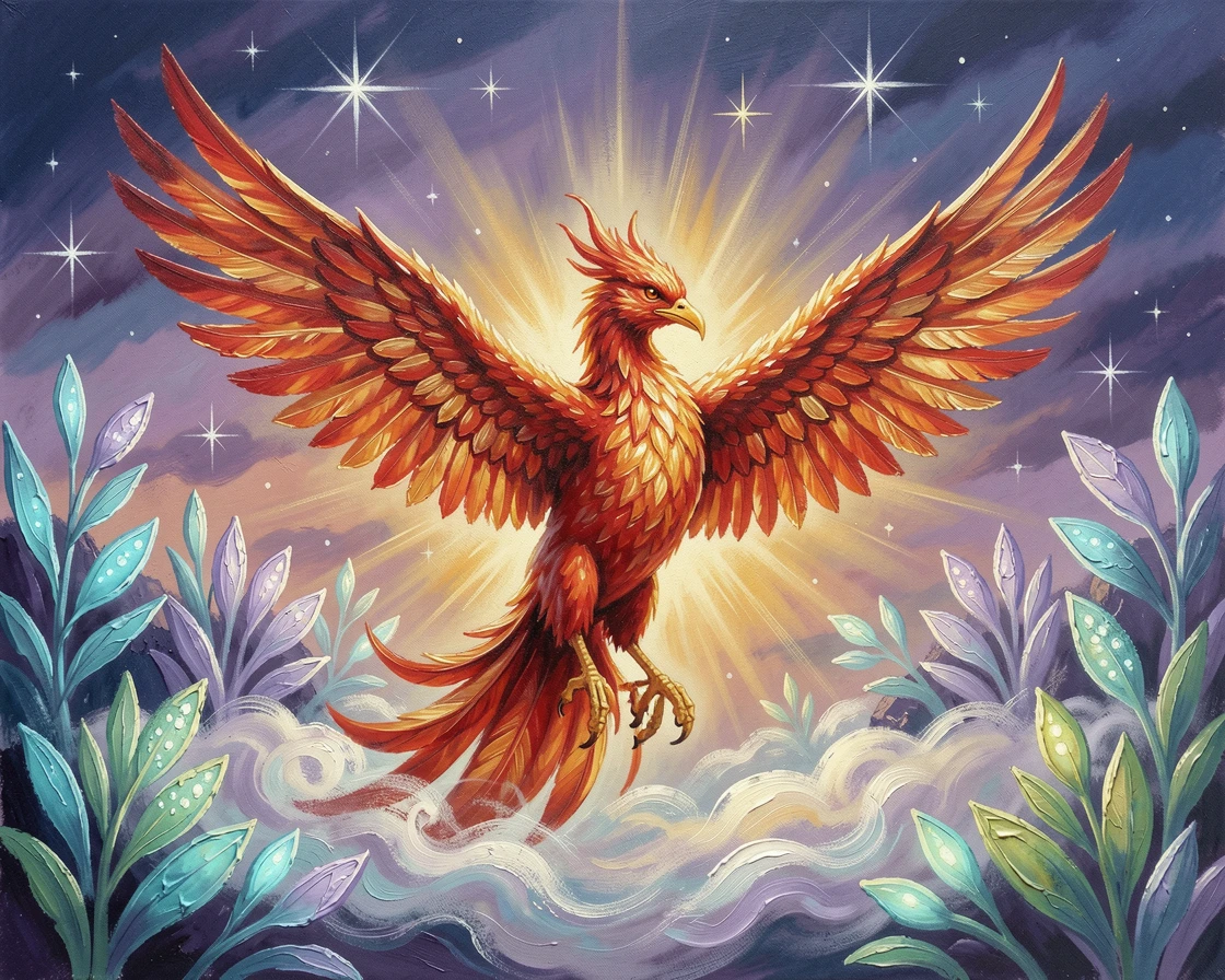 A phoenix rising in a burst of golden light, a gentle mist swirling around its feet, surrounded by softly glowing bioluminescent plants, at twilight, as the first stars begin to appear.
