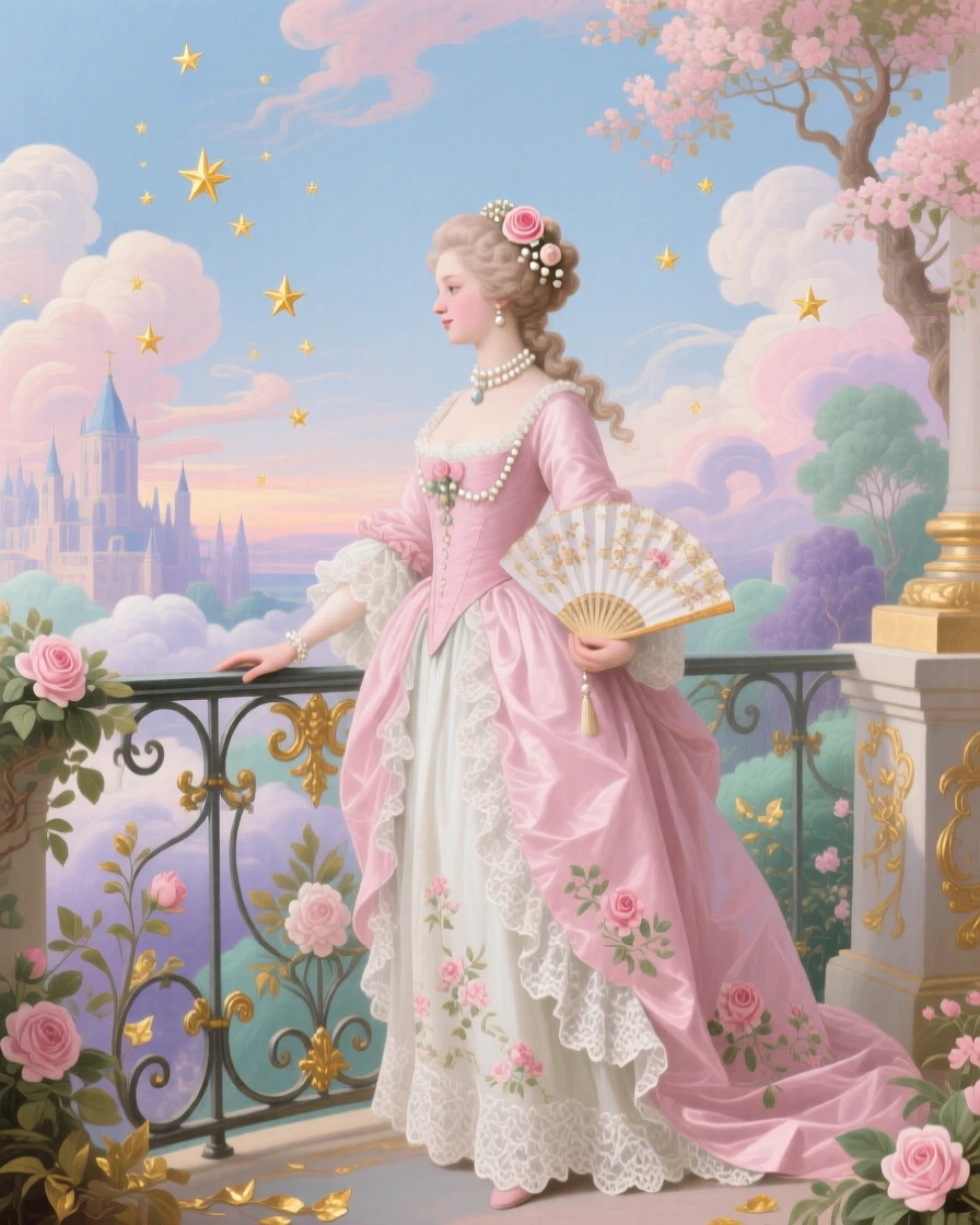 A princess standing on a balcony above a kingdom of clouds and stars  