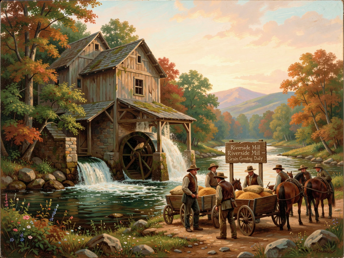 An old riverside mill grinds grain as farmers wait with their carts.