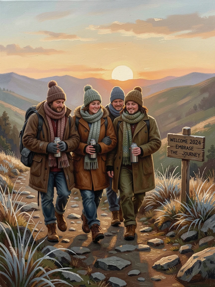 A New Year's Day sunrise hike with friends bundled in warm coats, as the whole scene radiates warmth and togetherness, designed to bring festive cheer to any home or gallery wall