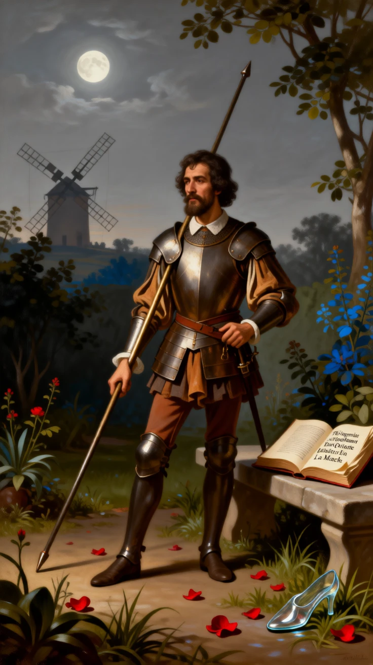 Don Quixote tilting his lance toward a distant windmill at the story's most enchanting and memorable turn, set within a moonlit garden fit for legend, with scattered rose petals, an open storybook, and a forgotten glass slipper; the composition frames the central figure like a page brought to life, filled with romance, imagination, and quiet drama.
