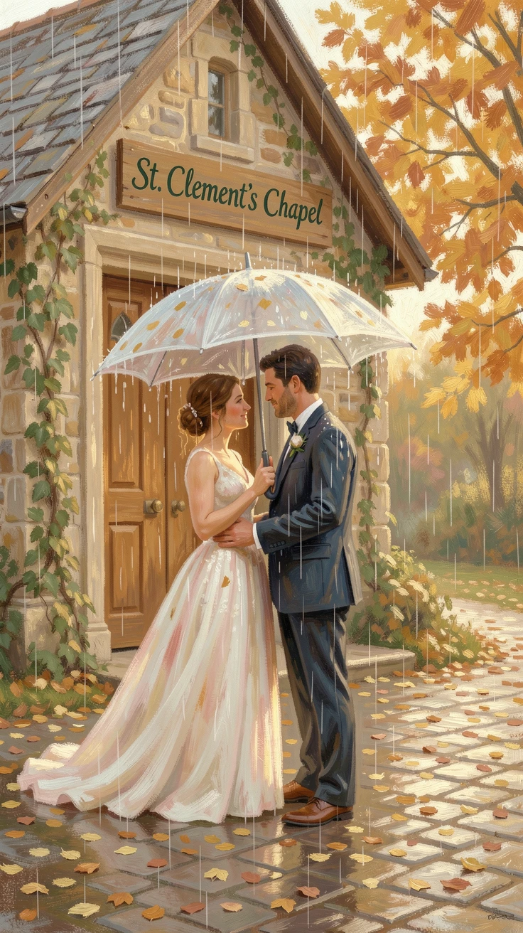 A pair of newlyweds sharing an umbrella in the rain outside a small chapel, confetti scattered at their feet, in the golden days of autumn, evoking timeless charm and quiet elegance.