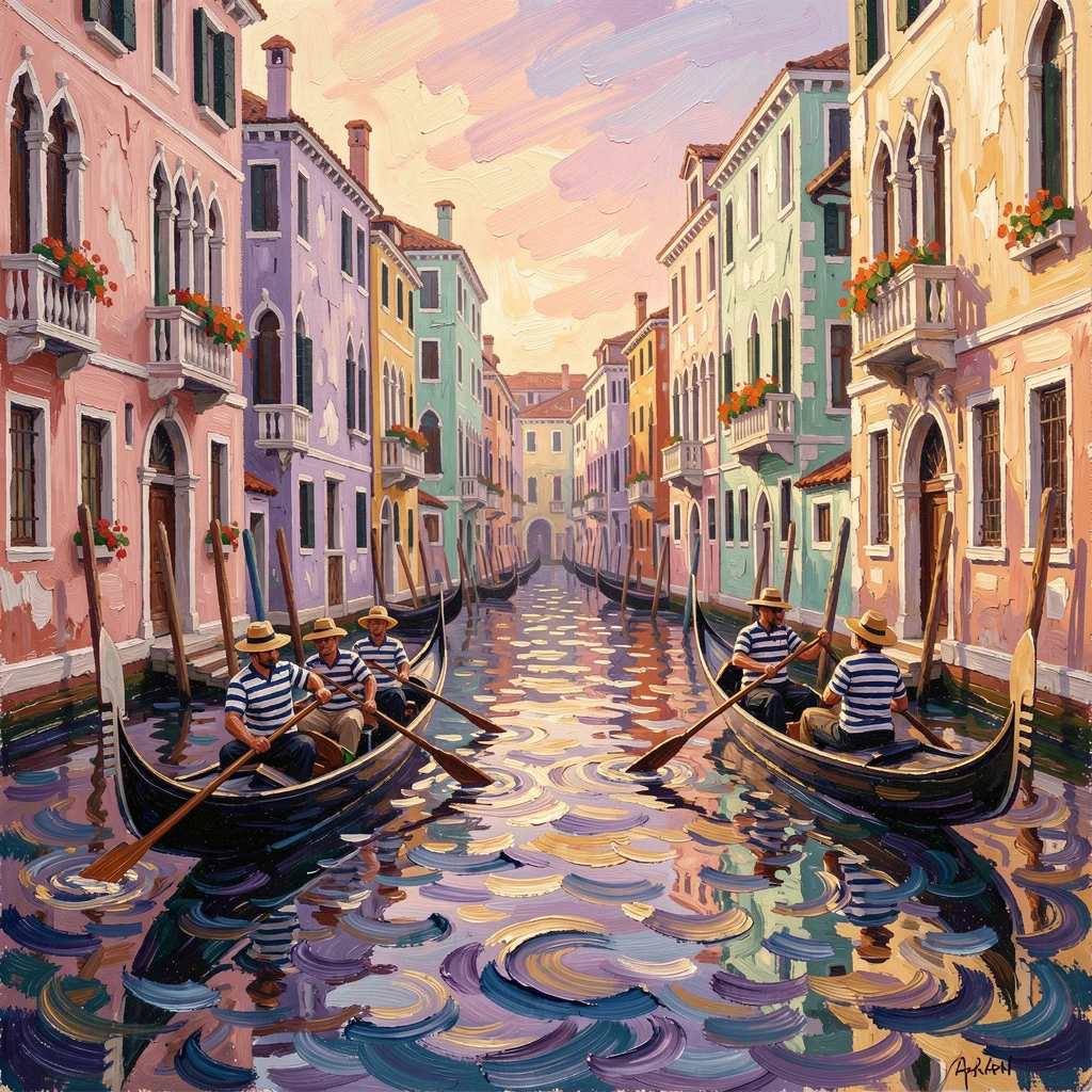 Gondoliers rowing past pastel palazzos along a quiet Venetian canal at dawn.