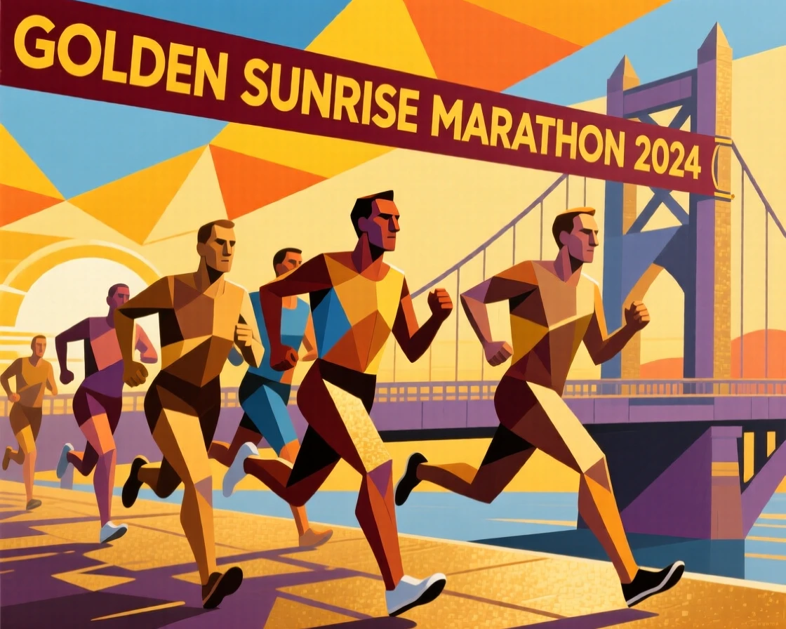 A group of runners crossing a bridge together during a golden sunrise race.