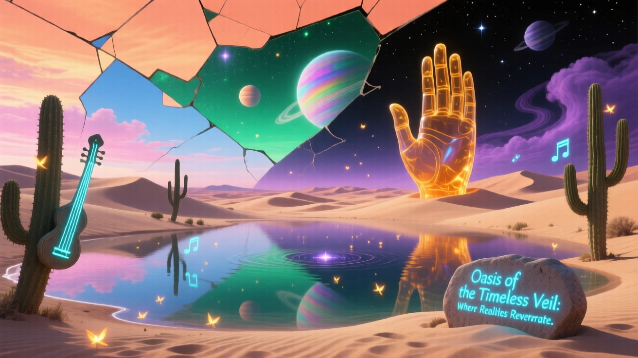 A desert oasis where the water reflects a completely different sky hums faintly with a low, unseen music, as fireflies drift like scattered stars through the air.