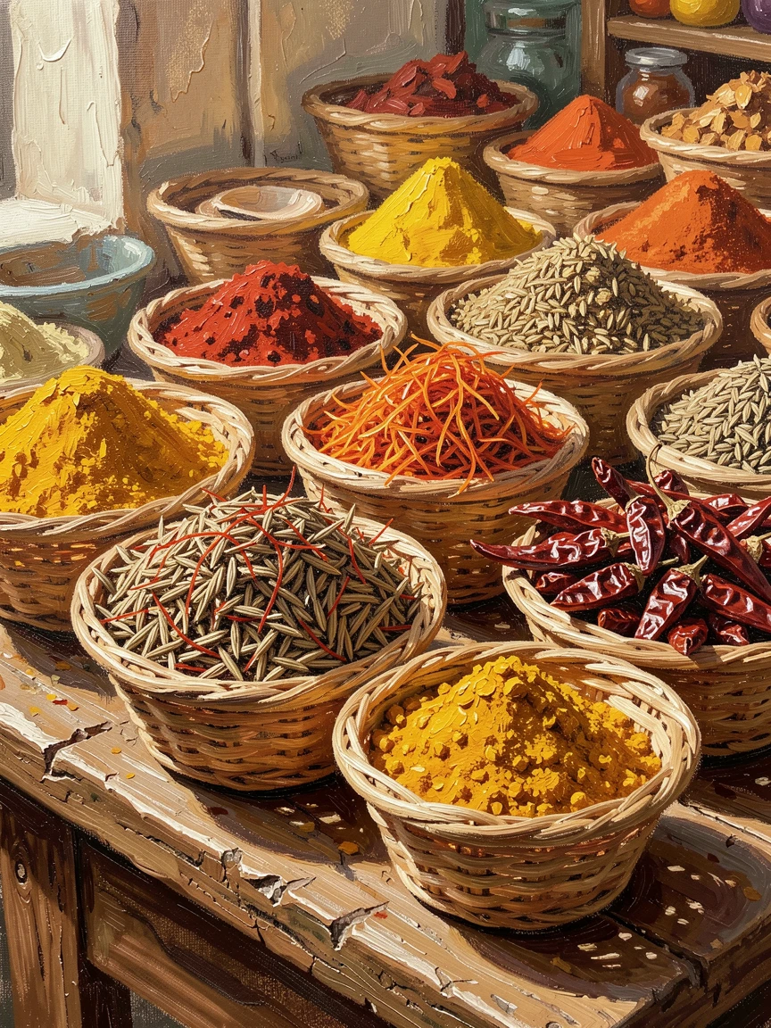 A collection of exotic spices, dried chilies, and saffron threads is displayed in small woven baskets at a sunlit Moroccan market stall, everything rendered with quiet clarity under the steady, natural light of the hour.