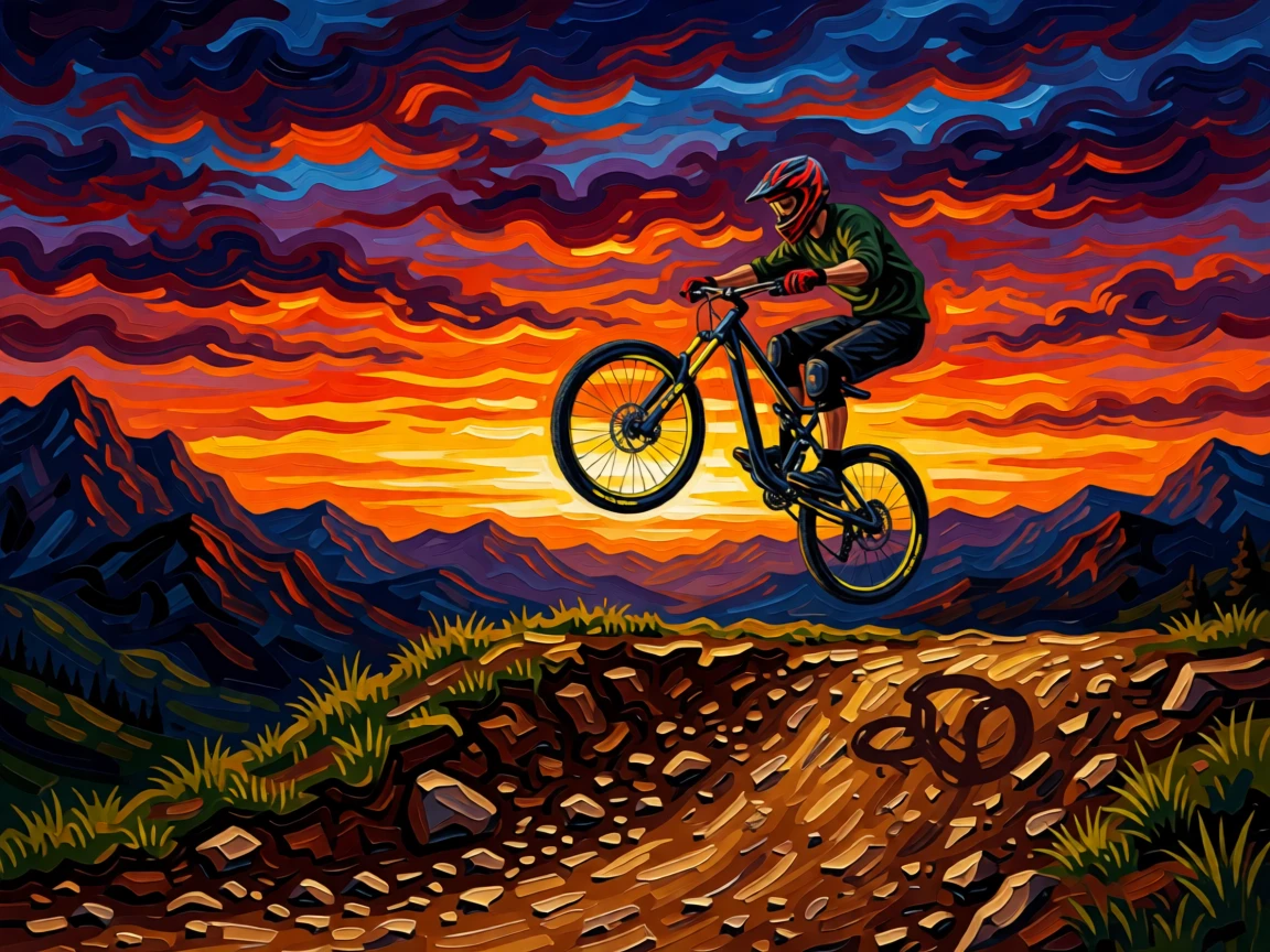 A mountain biker catching air off a dirt jump against a dramatic sunset sky