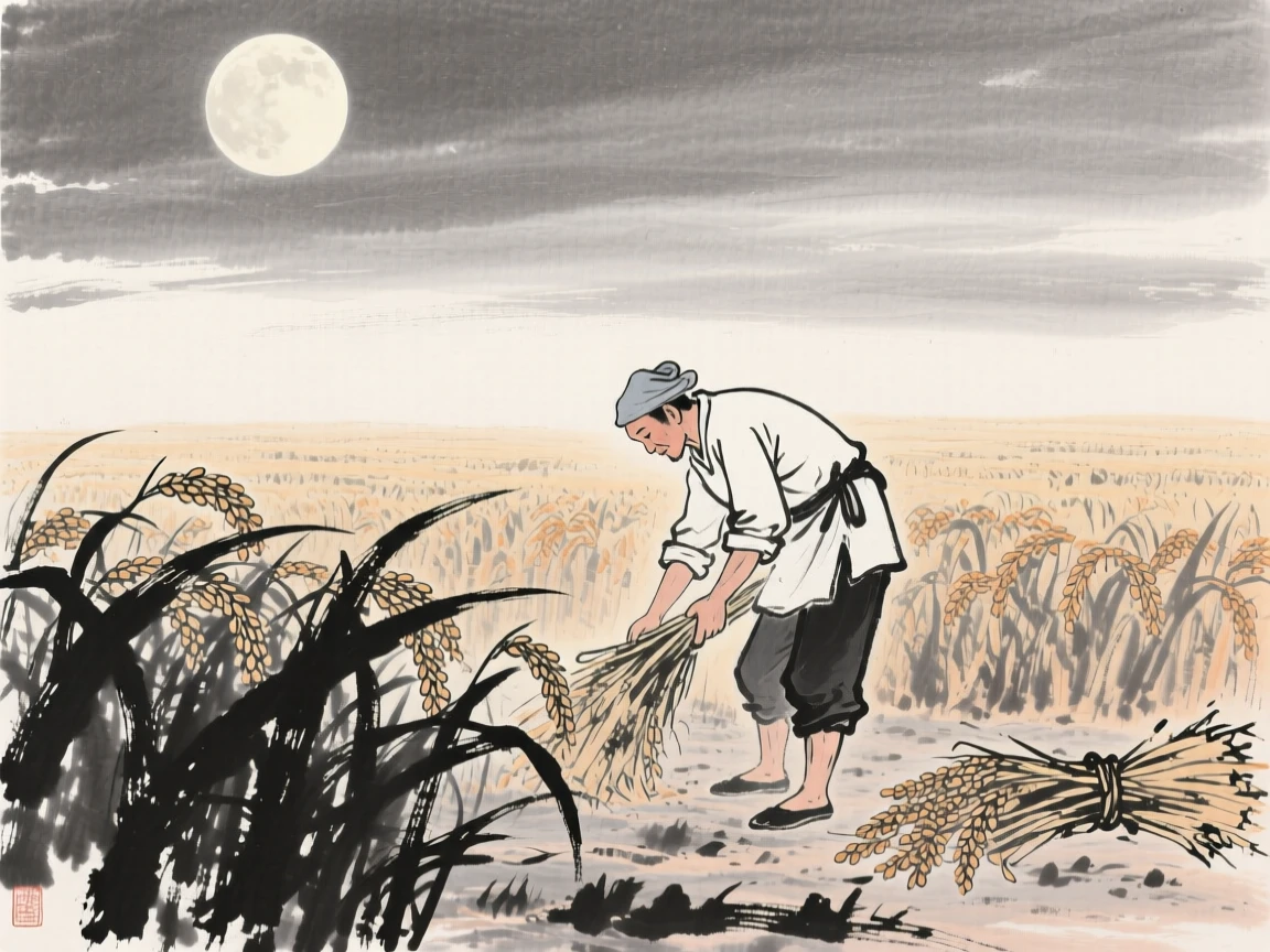 A farmer gathers the last of the season's rice beneath a clear autumn sky, as the harvest moon begins to rise over the fields.
