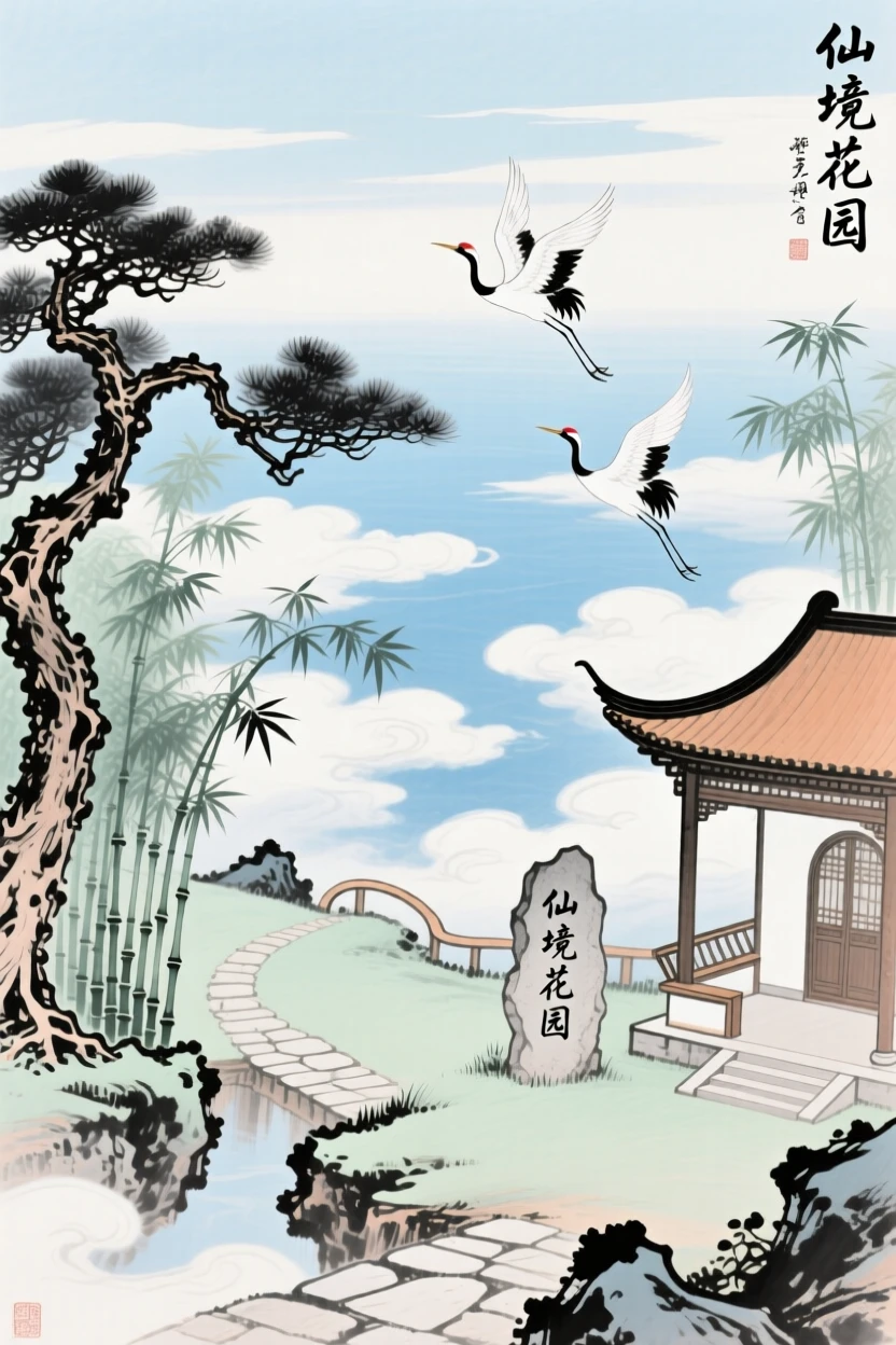 A celestial garden suspended above the clouds, reachable only by cranes, in the height of summer.
