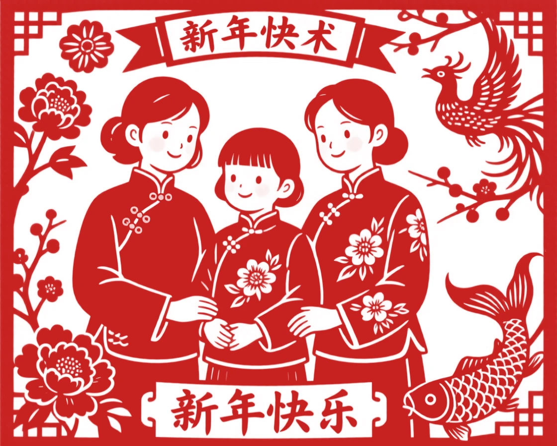 Three sisters posing together for a family photo in matching red New Year outfits