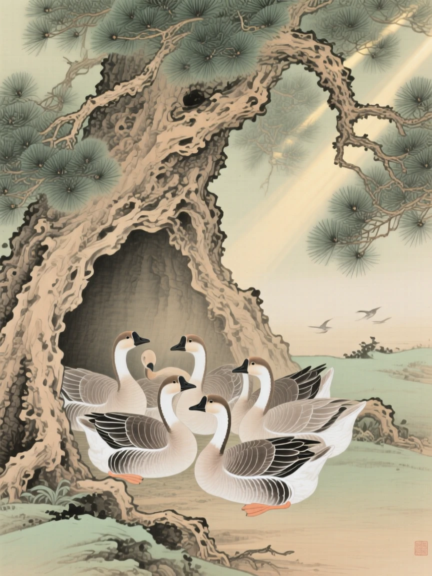 A flock of wild geese nestled in a hollow of an old pine tree, soft morning light filtering through the branches