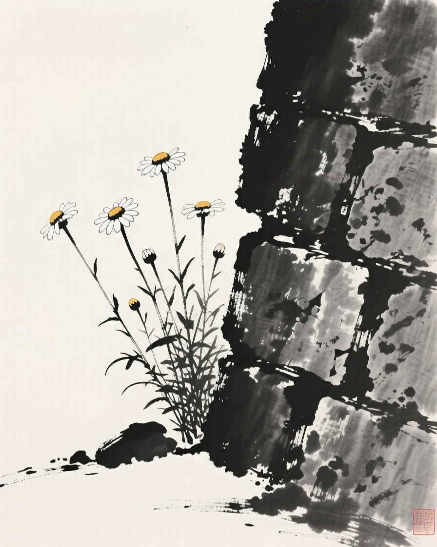 A patch of wild daisies growing from a crack in an old stone wall, framed asymmetrically for quiet visual balance, suggesting patience, resilience, and quiet strength.