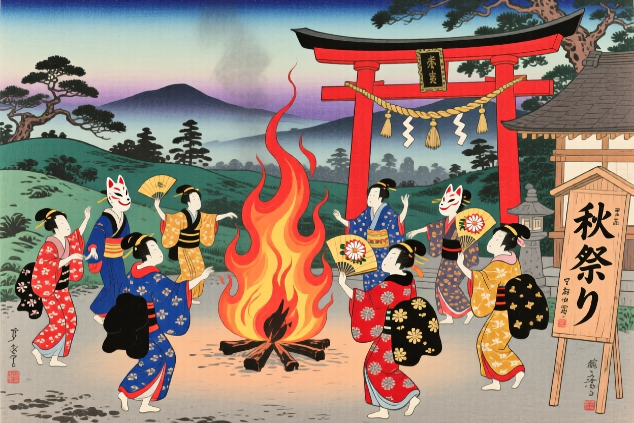 Dancers around a bonfire performing a traditional dance around a shrine.