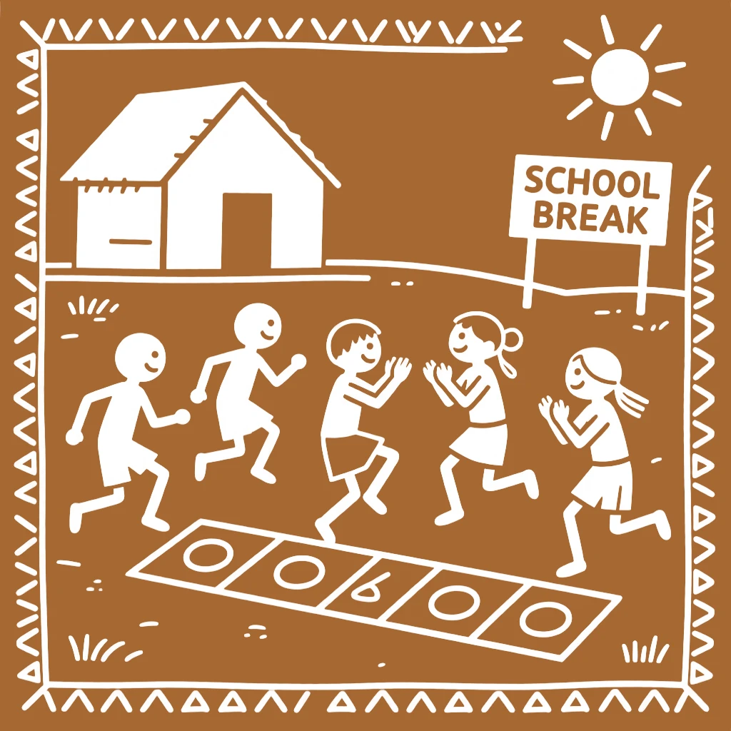 A group of children on a school break playing a traditional hopping game.