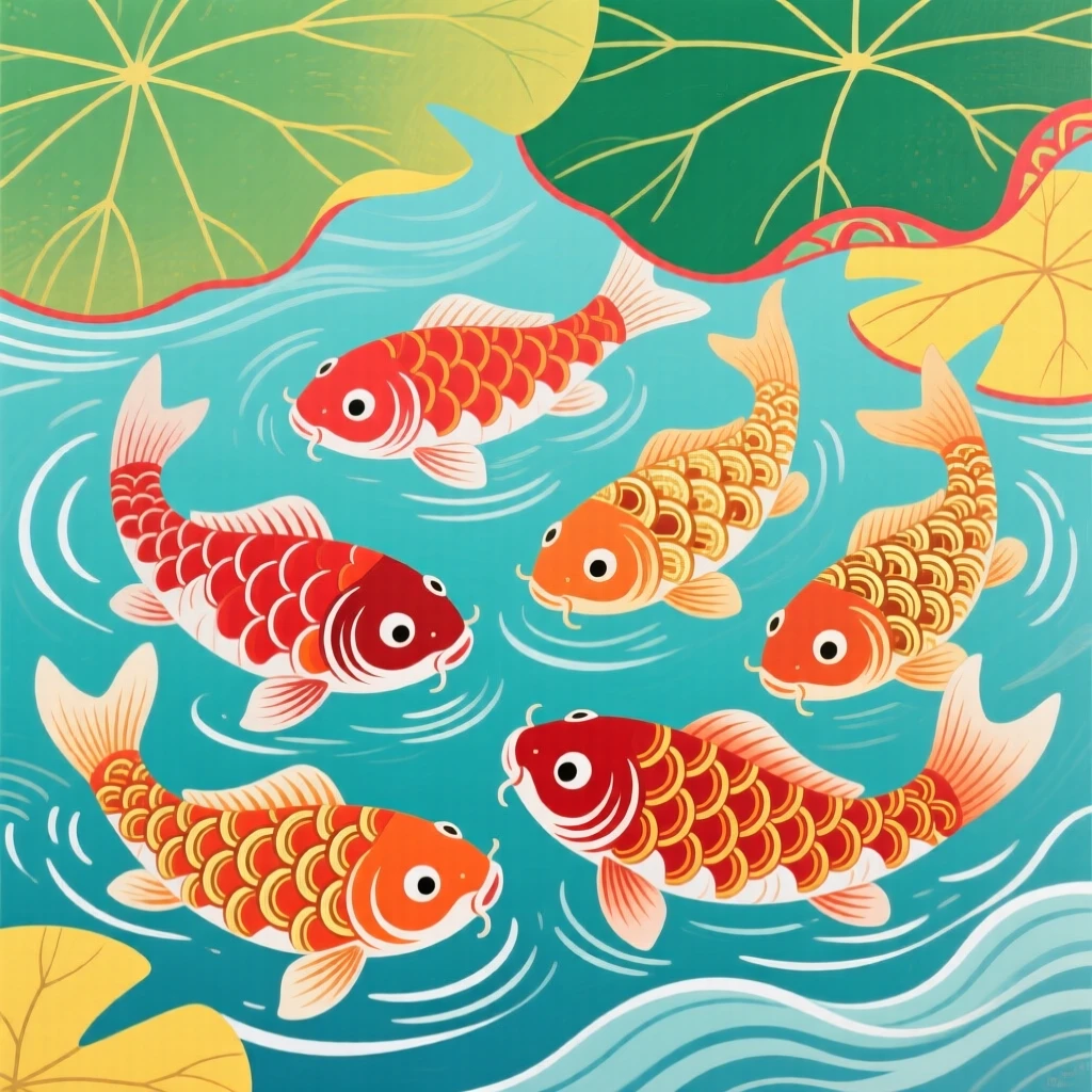 A school of koi fish gliding through clear water beneath lily pads.