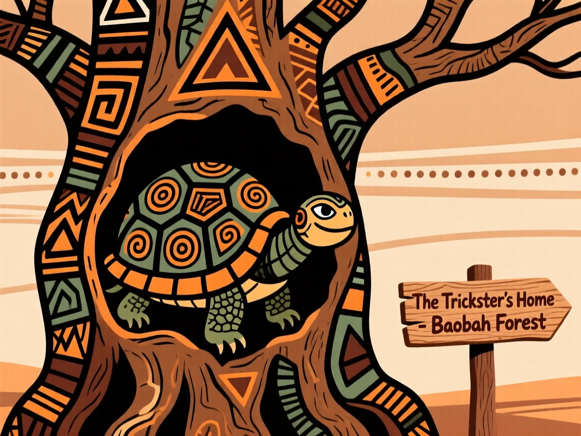 A legendary trickster tortoise said to dwell within an ancient baobab tree.
