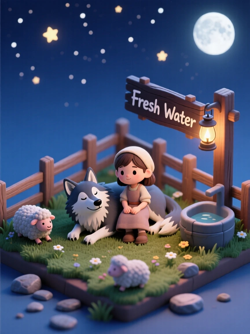A young shepherd girl befriending a wolf that protects her flock instead of hunting it, both resting under a starry sky.
