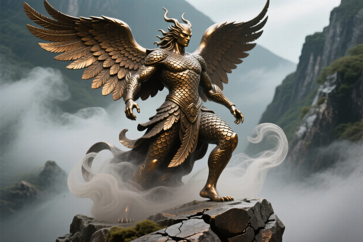 A mountain spirit rising from mist and stone, with intricate scale and feather detail, radiating awe and grandeur