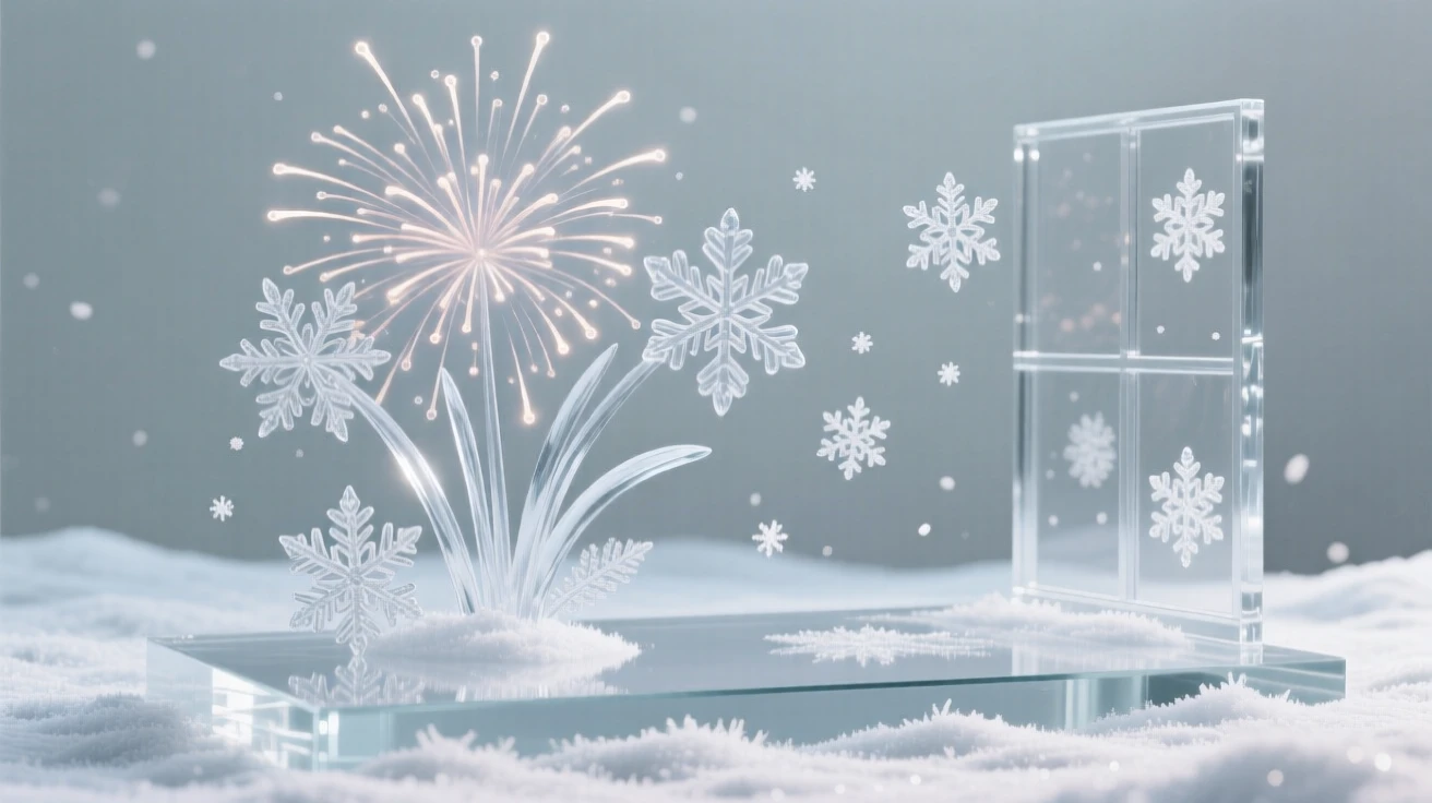 As frost begins to sparkle across the ground, fireworks bursting above a summer beach celebration, while snowflakes drift slowly past the window