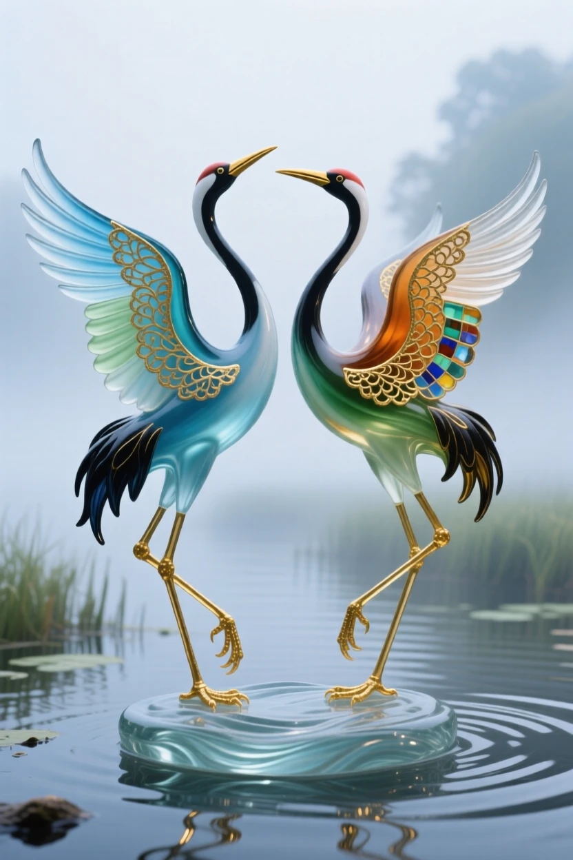 A pair of cranes dancing together at the edge of a misty wetland, elegant and symbolic.