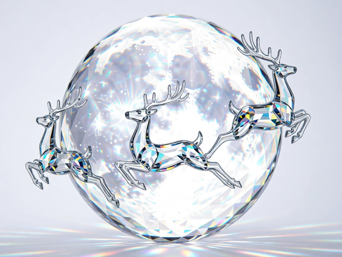 A magical Christmas Eve scene with reindeer silhouettes flying past a full moon.