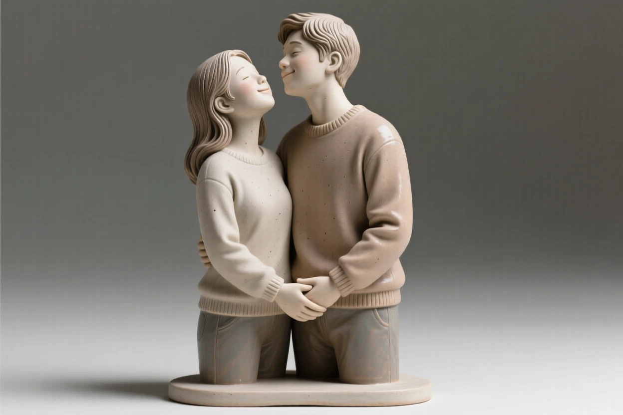 A young couple sharing a tender embrace standing proudly with chin lifted high, with a serene, knowing half-smile, filling the scene with joy and gentle wonder.