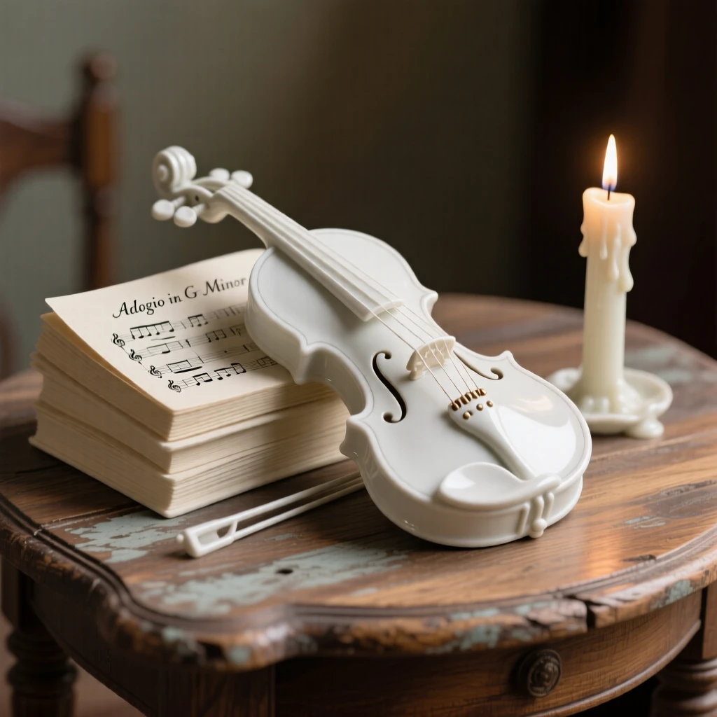 A refined still-life arrangement of a violin resting beside sheet music on a weathered wooden table, a single candle casting gentle shadows.