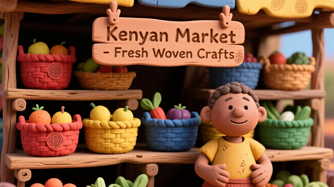 A colorful Kenyan market stall filled with woven baskets