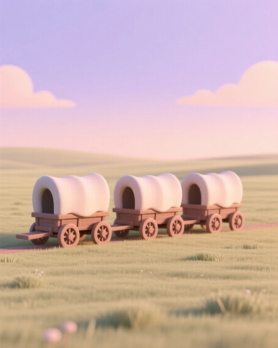 A rustic covered wagon train rolls slowly across an open prairie beneath a vast painted sky.
