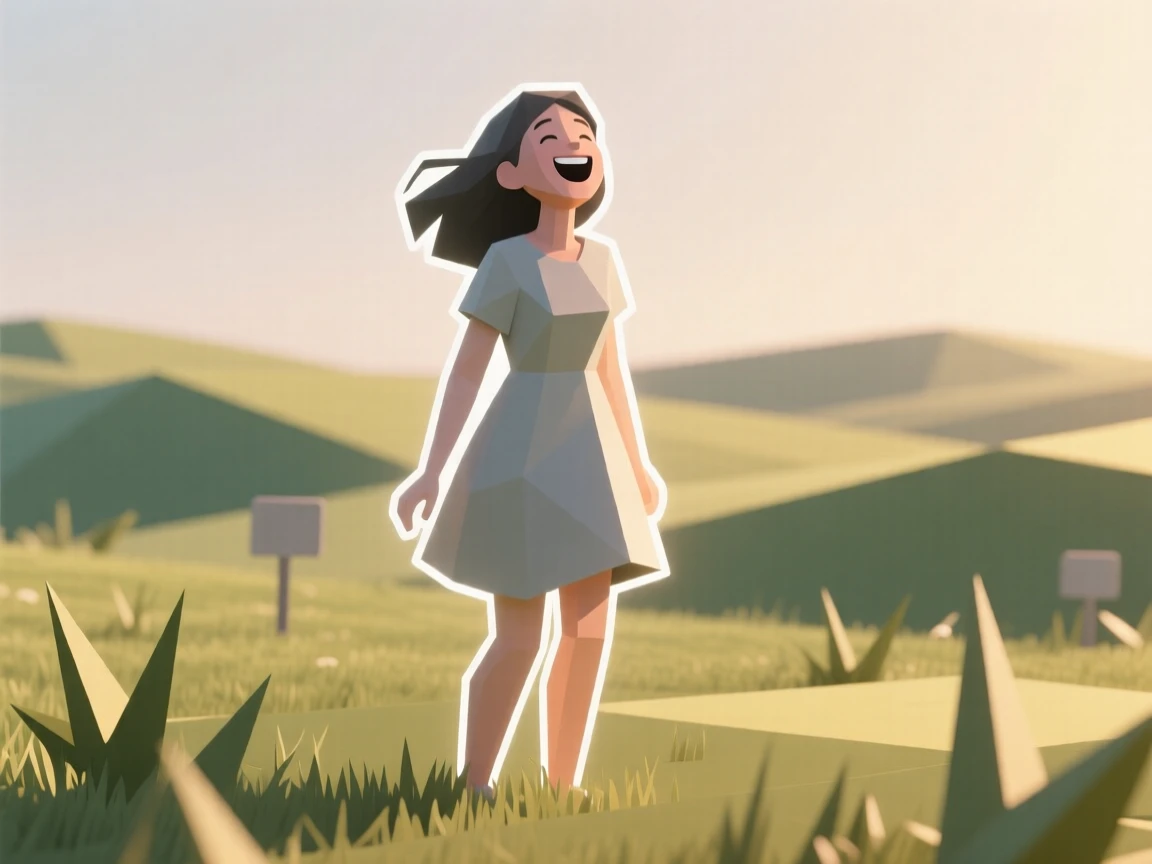 A young woman laughing joyfully in the wind, in a quiet, sunlit meadow. soft backlighting creates a warm, glowing silhouette. The moment feels full of hope and possibility.