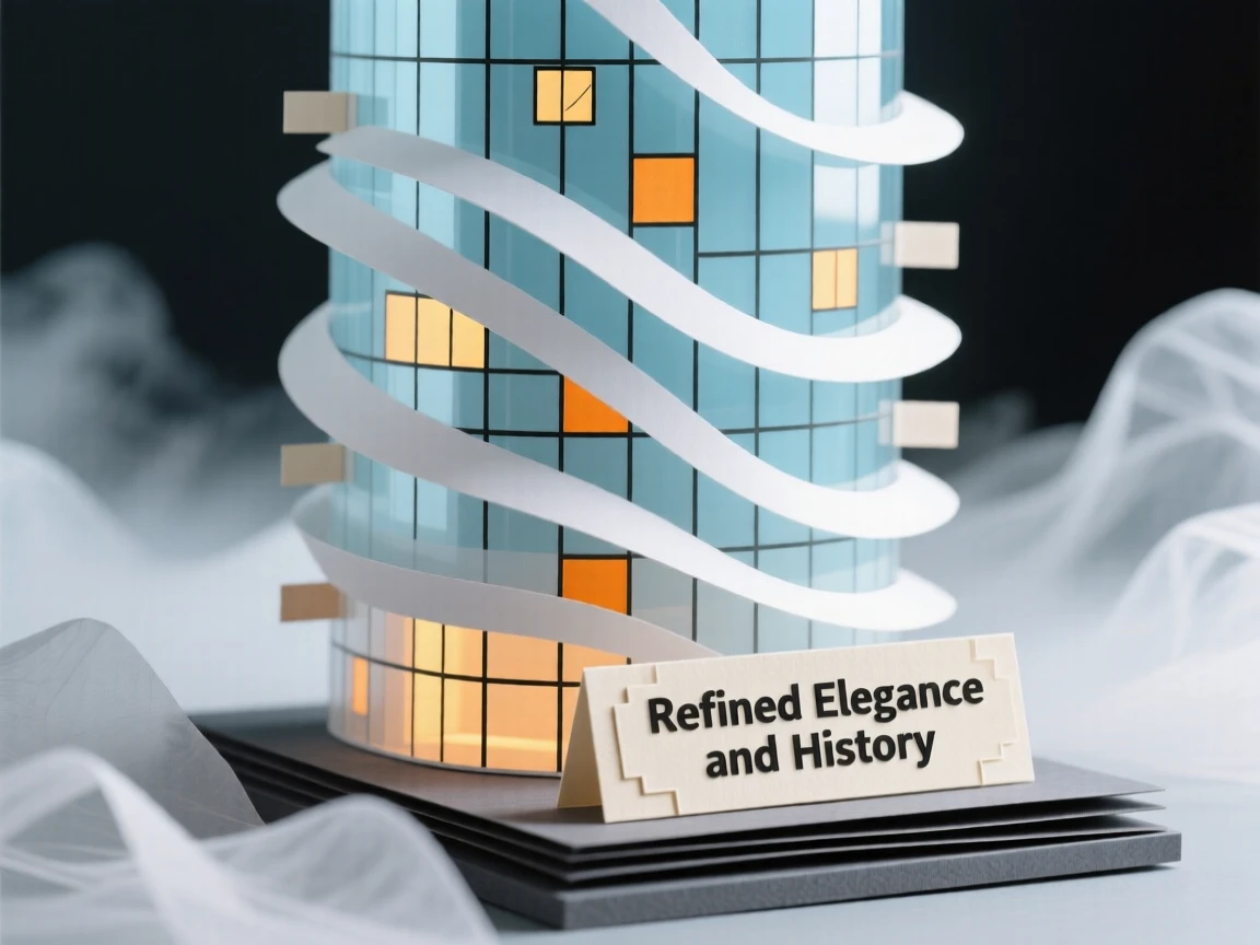 A futuristic curved glass skyscraper surrounded by drifting morning mist, with warm interior light spilling outward, capturing refined elegance and history.