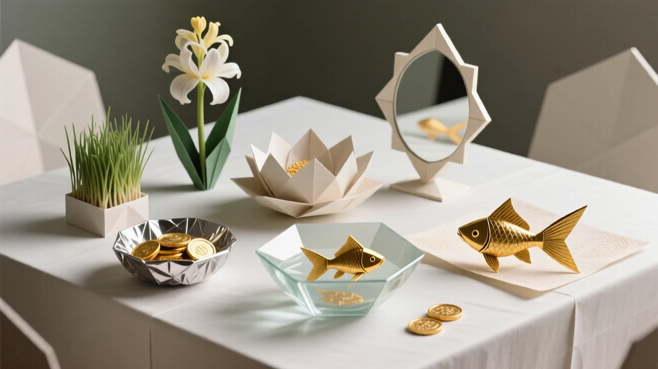 A Persian Nowruz celebration table set with symbolic items and a bowl of goldfish.